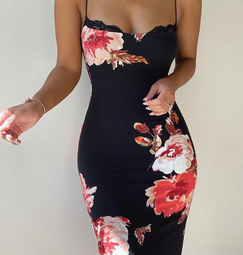 Women Lace Trim Spaghetti Strap Floral Print Bodycon Dress