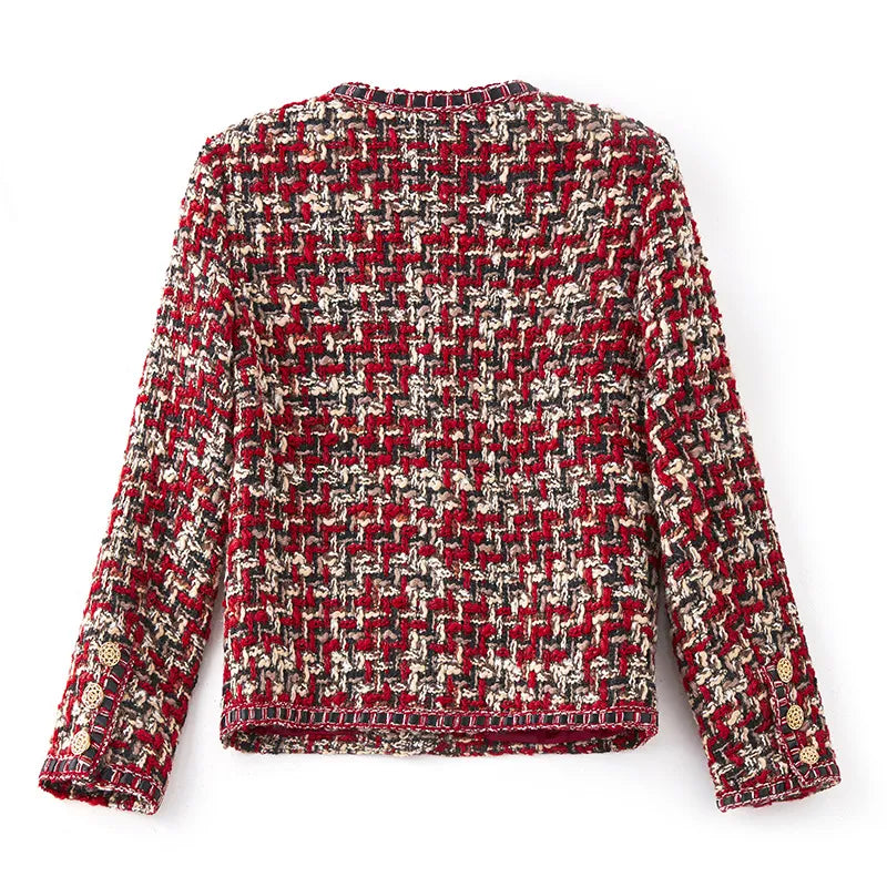 Women's Celebrity-Style Red Tweed Short Jacket – Elegant Round Neck Design for Chic Outfits