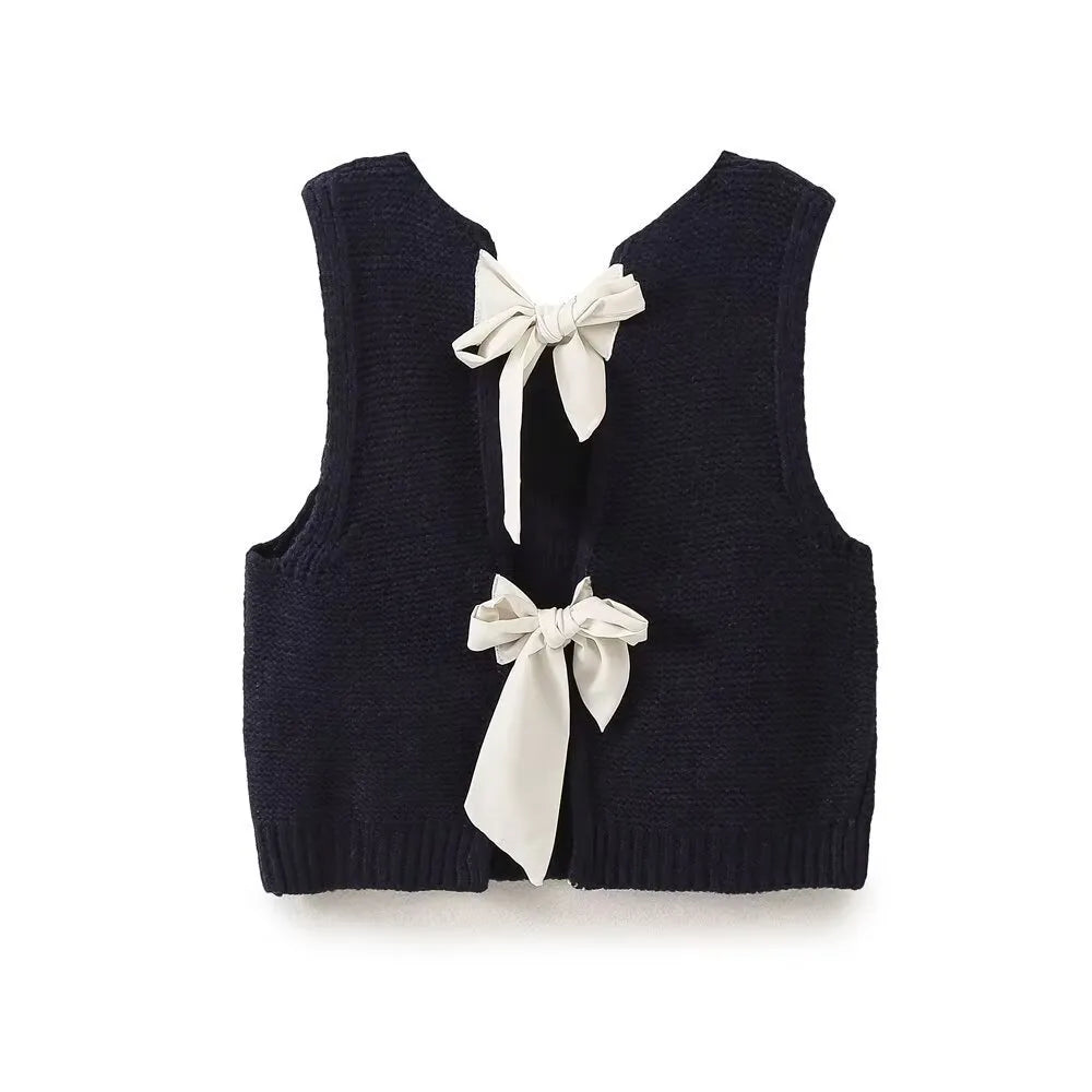 Women's Back Bow Hollow-Out Sweater Vest – Stylish Knitted Lace-Up Design for a Chic Look