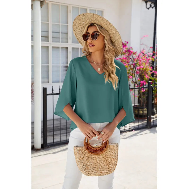 V-neck Half Sleeves Loose Chiffon Blouse Top