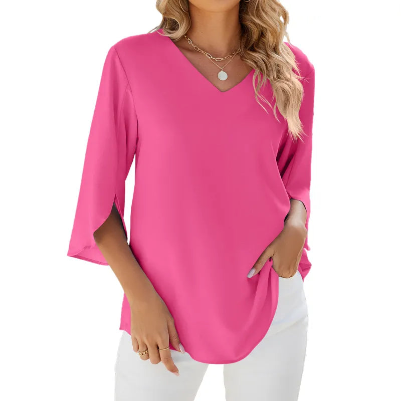 V-neck Half Sleeves Loose Chiffon Blouse Top
