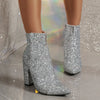 Shine Bright with Plus Size Pointed Toe Sequin Chunky Heel Women’s Boots! ✨👢