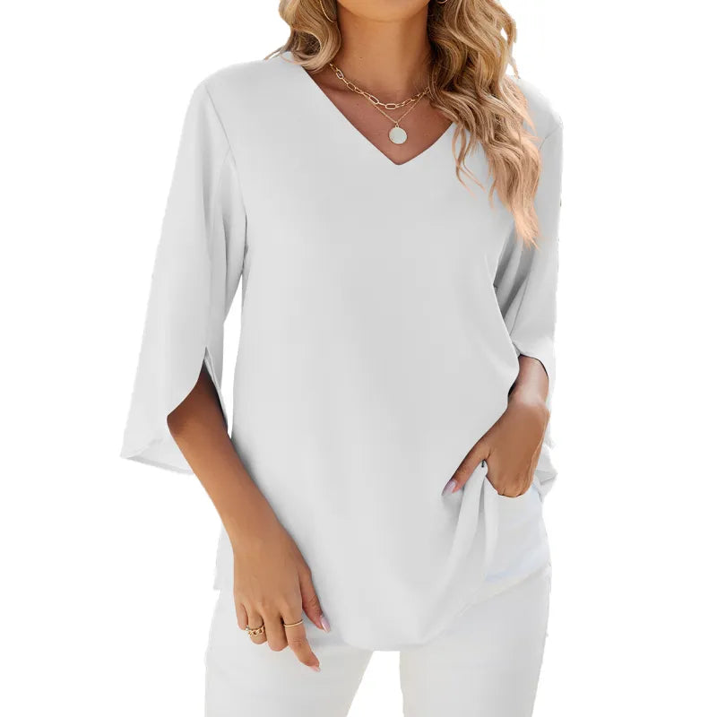 V-neck Half Sleeves Loose Chiffon Blouse Top
