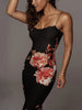 Women Lace Trim Spaghetti Strap Floral Print Bodycon Dress