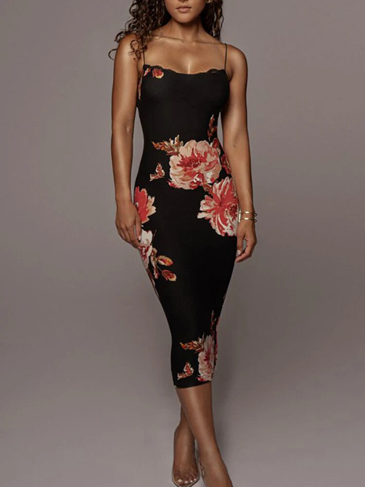 Women Lace Trim Spaghetti Strap Floral Print Bodycon Dress