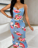 Women Lace Trim Spaghetti Strap Floral Print Bodycon Dress