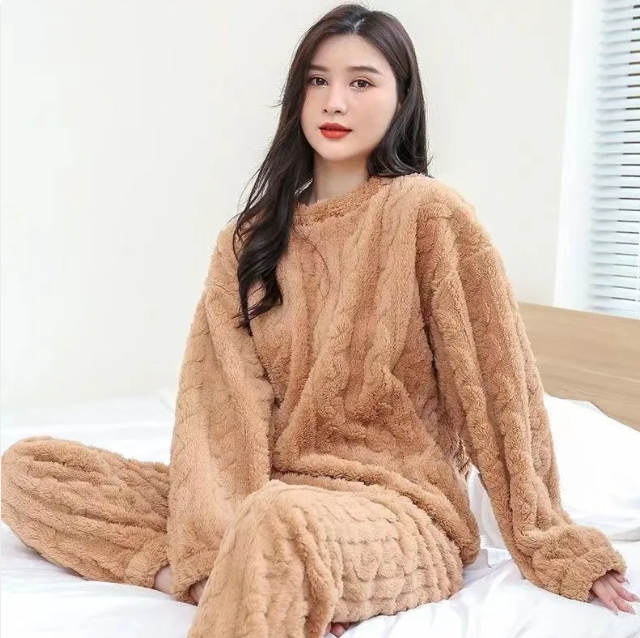 Pure Color Jacquard Cotton Velvet Warm Suit Pajamas