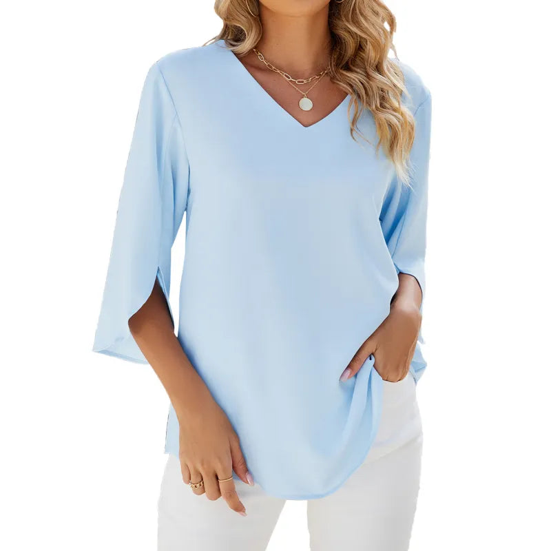 V-neck Half Sleeves Loose Chiffon Blouse Top