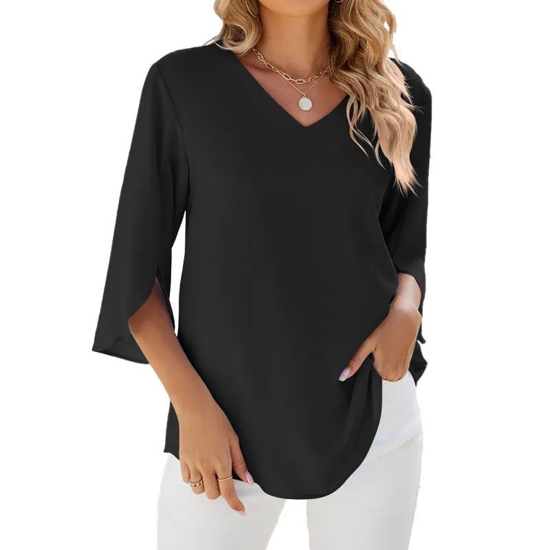 V-neck Half Sleeves Loose Chiffon Blouse Top