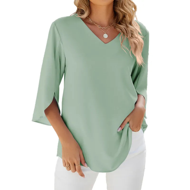 V-neck Half Sleeves Loose Chiffon Blouse Top