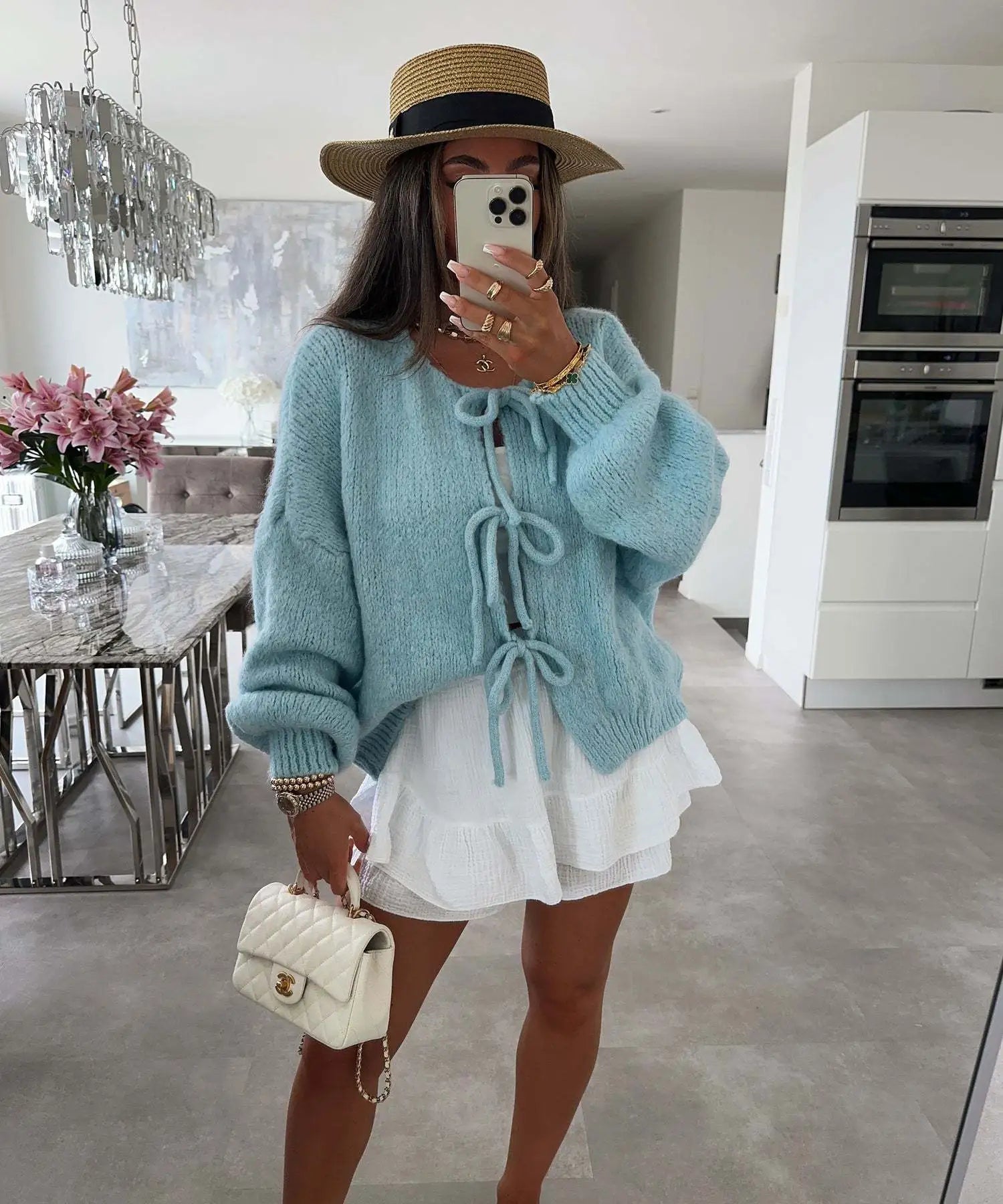 Women's Casual Knitted Bow Lace-Up Cardigan – Slim-Fit Hollow Out Pullover Sweater