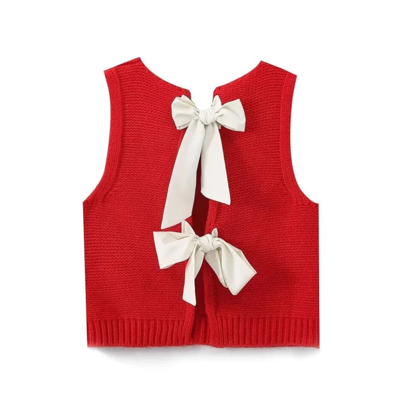 Women's Back Bow Hollow-Out Sweater Vest – Stylish Knitted Lace-Up Design for a Chic Look